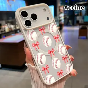 Magnetic Phone Case for iPhone 17 Pro Max 16 Plus 15 14 13 12 11 Air E Baseball Bow Tie Printed Transparent Acrylic Back TPU Edges Non-Yellowing Cover
