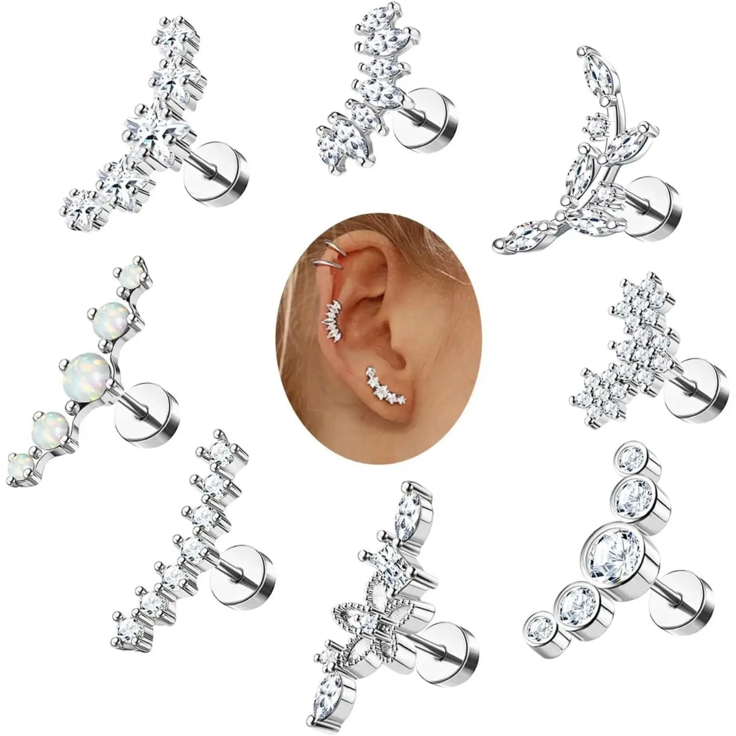 ZELORES 8 Pcs 16G Cartilage Studs for Women, Stainless Steel Trendy Earring Stack, Star Flower & Opal Piercing Jewelry with CZ Flat Back, Swirly Conch & Iridescent Chain, Swirly Conch Jewelry