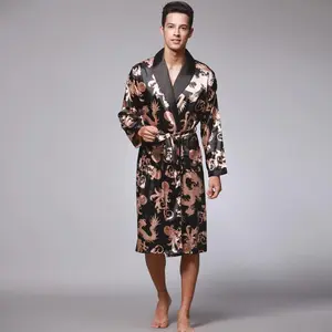 Silk Ice Silk Men's Pajamas Long Sleeve Bathrobe Loungewear Suitable for Outdoor Wear Can be used with raincoat