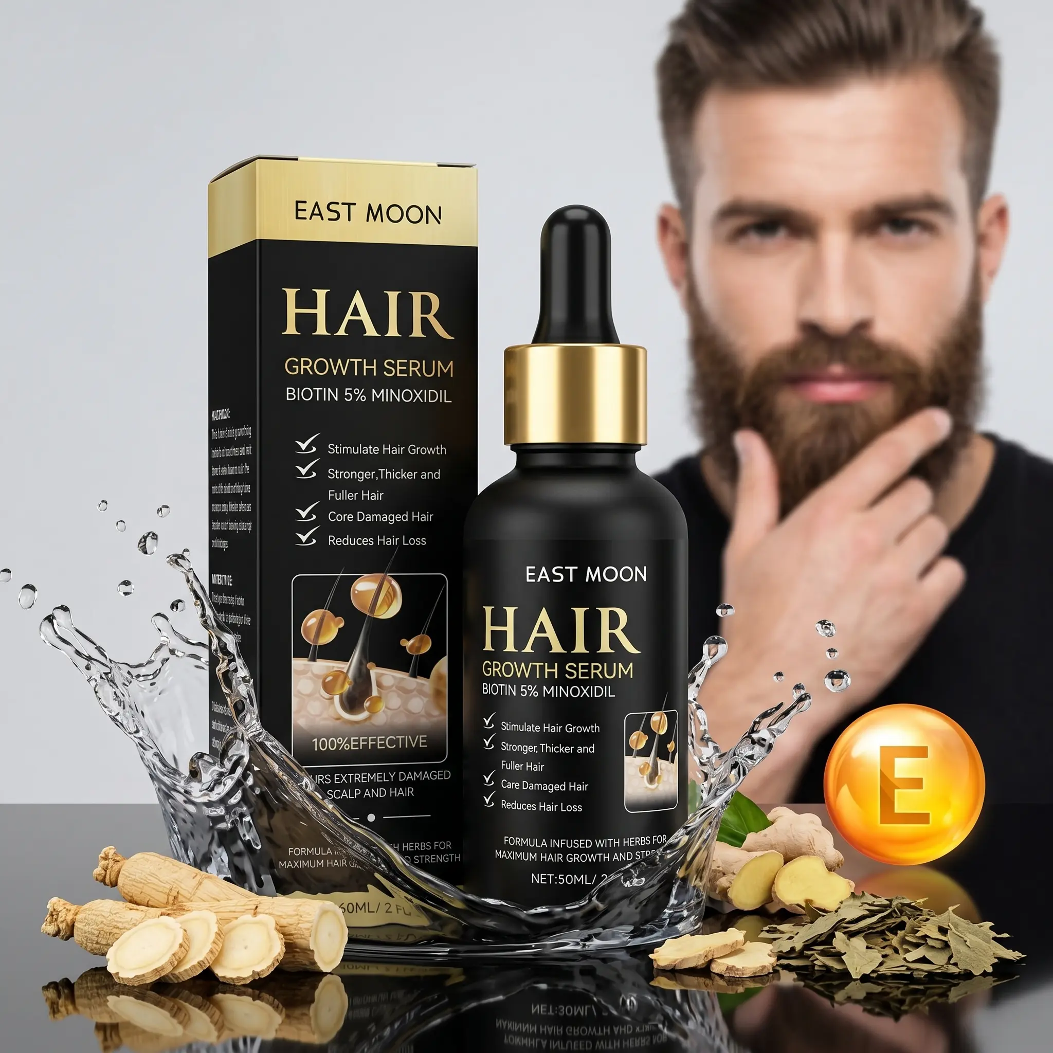 Advanced Men's Hair & Beard Regrowth Serum 60ml | EAST MOON | Repair Damaged Hair, Reduce Hair Loss & Boost Beard Density