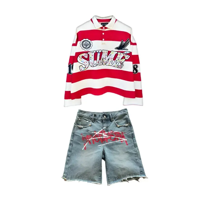 2 Pcs Shirts Co-ords Sume Rugby Diamond Embroidery Stripe Polo Shirt And Jorts
