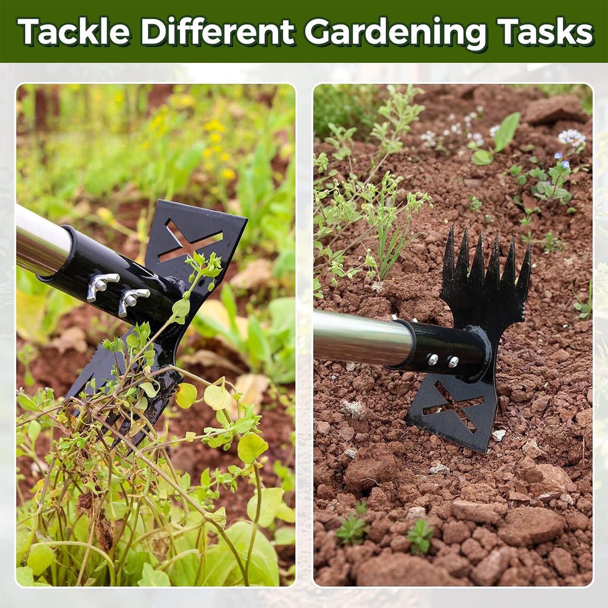 2-in-1 Ergonomic Garden Weeding Hoe & Leaf Rake, Heavy Duty Gardening Hand Tool with 2-Section Detachable Stainless Steel Handle (80cm), Adjustable Length for Planting, Tilling, Digging, Farm & Patio Cultivation, Bonus Gloves Included