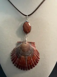 Burgandy Beach Sunset – Calico Scallop Shell & Goldstone Necklace on Brown Cord