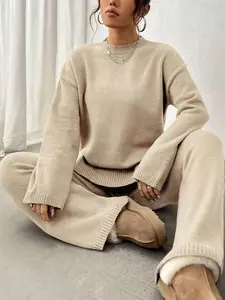 Women's Solid Drop Shoulder Split Hem Sweater & Elastic Waist Straight Leg Pants Two-piece Set, Casual Fashion Cozy Knitwear Set for Daily Outdoor Wear, Women Knitwear for Fall & Winter, Womenswear