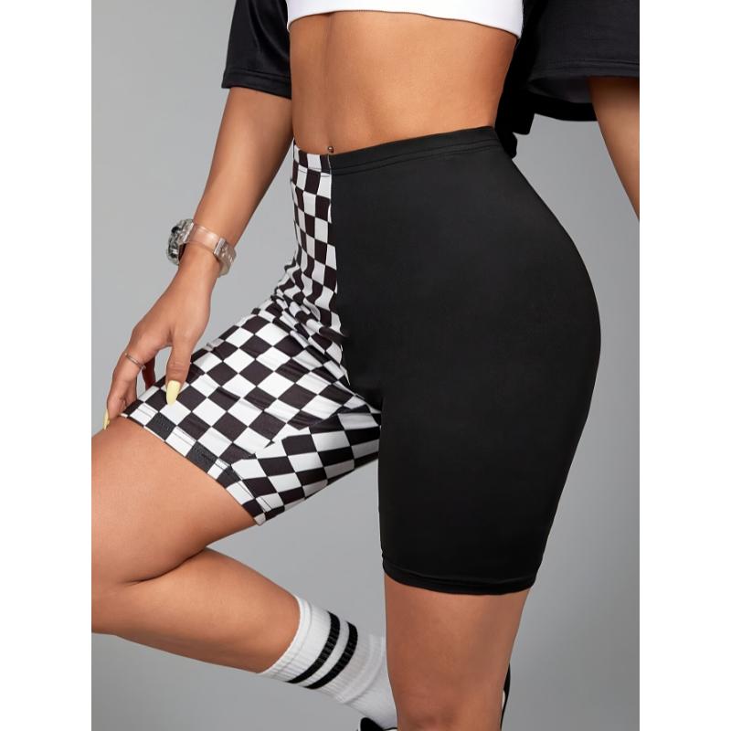 1pc Women'S High-Waisted Cycling Yoga Shorts, Modest Style, 95% Polyester 5% Spandex, Knit Fabric, All-Season, Black and White Gingham Pattern, Color Block Design