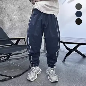 Men's Navy Blue Lightweight Quick-Dry Active Jogger Pants with Drawstring & Elastic Waistband Loose Fit Striped Detail All-Season Polyester Fabric Joggers