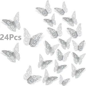 24pcs Hollow Butterfly Design Wall Decoration Stickers, Removable Butterfly Stickers, Party Decoration Props, Room Decoration Decals, Floral Pattern Sticker, Home Decor, Adhesive Stickers