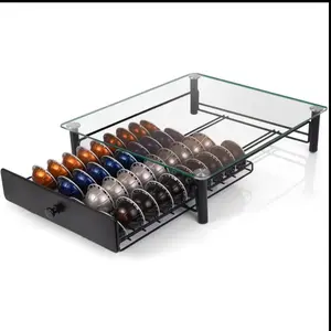 40-Capsule Vertuo Pods Holder Drawer - Tempered Glass Storage Tray with Organizer for Nespresso Vertuoline Capsules - Space-Saving, Easy-Access, and Durable Design