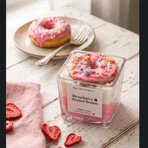 Sugar High Candle Co. Strawberry Glazed Dream Soy Wax Candle Handmade with Love Pink Donut Scent Aroma Cozy