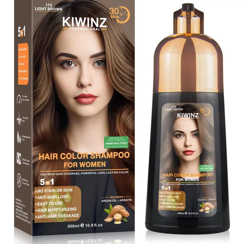 KIWINZ Professional 5-in-1 Women's Hair  Shampoo - Black Dry, Argan Oil & Keratin, No Stain, Anti-Hair Loss, Moisturizing, Breakage Repair, 500ml Dye Herbal