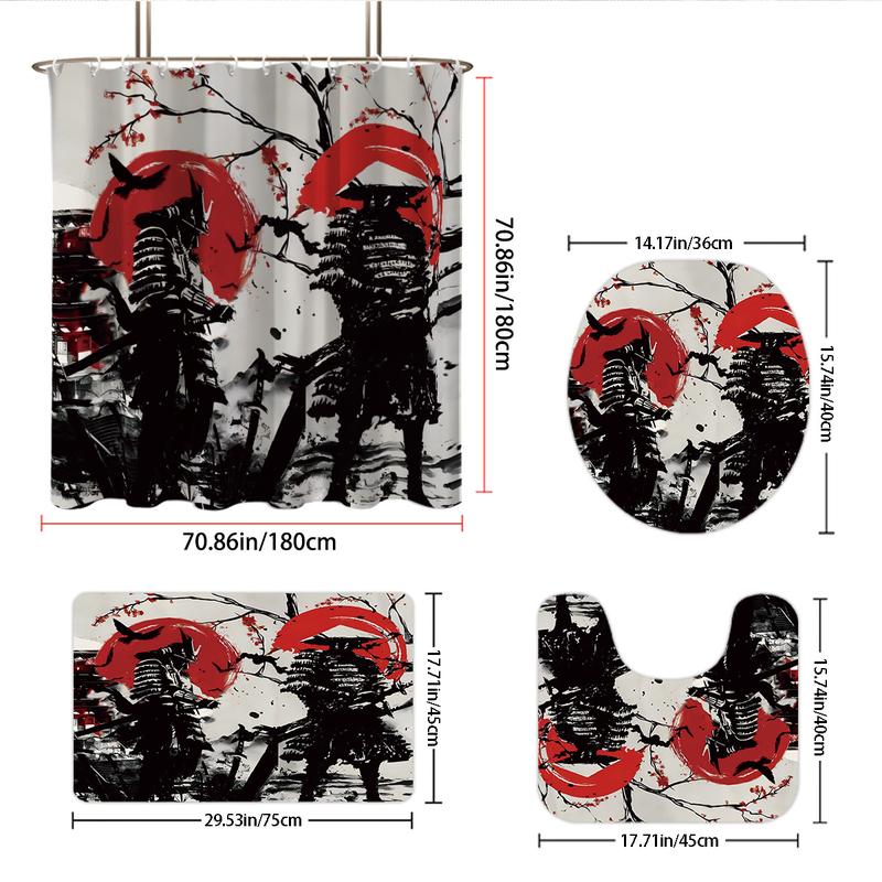 Japanese Ukiyo-e Samurai Shower Curtain Set, 1 Count Shower Curtain Or 4 Counts Bathroom Decoration Set Including Shower Curtain, Bath Mat, Toilet Lid Cover, U-Shaped Mat, Bathroom Accessories, with 12 Hooks