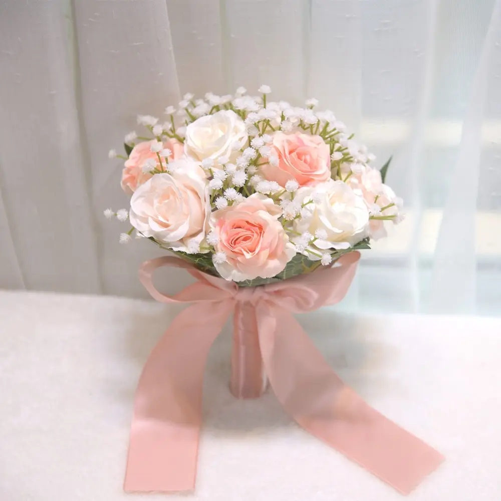 Artificial Bridal Bouquet, Fake Bouquets, 20x22cm Fake Rose & Baby Breath Hand Bouquet with Satin Ribbon, Multi-Color Faux Flower Bouquet for Wedding, Engagement, Home Decor, Reusable Floral Arrangement, Decorative Flowers Bouquet