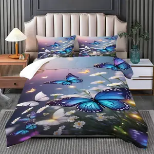 2/3 Pcs Starry Night Blue Butterfly White Daisy Comforter Set, Comforter & 1/2 Pillowcases no filler, All-Season, Fits Bedroom/Dorm/Rental, Ideal for Blue Butterfly Fresh Style Fans/Roommates/Birthday Gifting