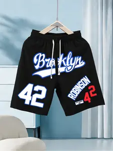 Men's Brooklyn Robinson 42 Number Print Shorts, Vintage Baseball Style Casual Loose Fit, Graphic Pattern, All Seasons Wear