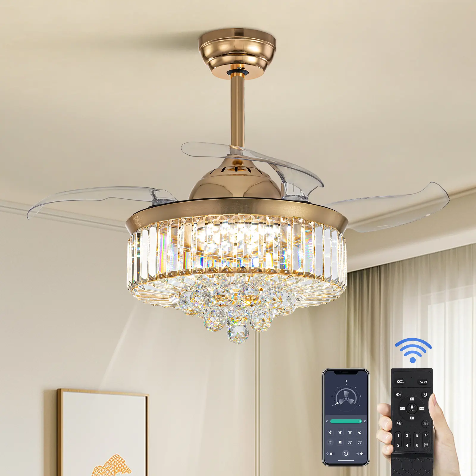 36-in Contemporary Gold Retractable Crystal Fandelier Ceiling Fan with LED Light, 6-Speed Remote Control, Dimmable, Adjustable Reversible Motor, Bluetooth Kit for Dining Room, Living Room