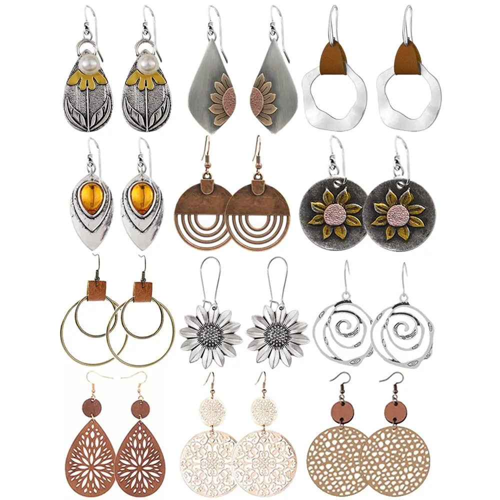 12 Pairs Boho Earrings Set for Women, Vintage Wooden Leather Geometric & Sunflower Dangles, Lightweight Hypoallergenic Pack, Dangly Earrings