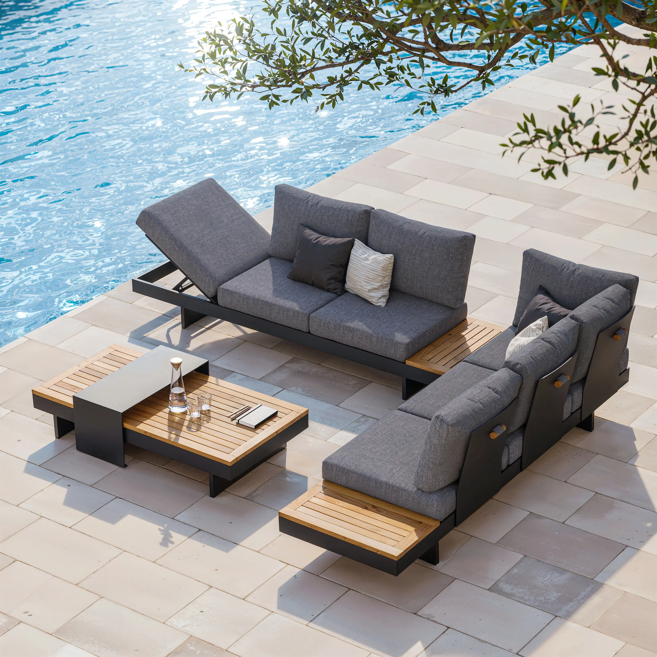 Homary Tevara Modern Patio Conversation Set - 4-Piece Stable Teak-Aluminum L-Shaped Modular Outdoor Furniture, 6-Person Patio Seating, Porch Solution (3 Color Options, Converts Easily), Modern Patio Set, Aluminium