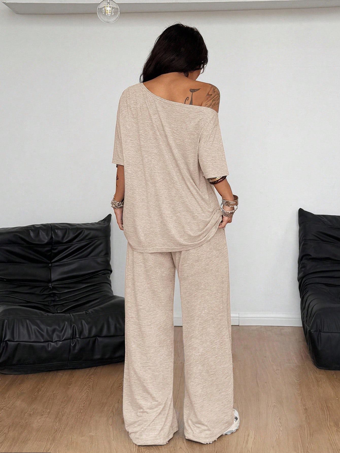 Women's Casual Solid Color Sport Two-Piece Set, Loose Long Pants & Wide Leg Slant Neck Pant Suit, Spring & Fall Fashion