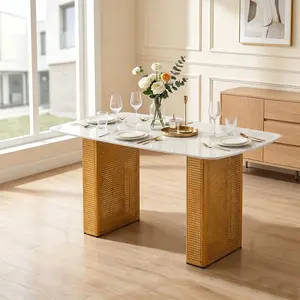 Marble-Pattern Tempered Glass Dining Table, Gold Metal Pedestal Base for 6-8 People, Luxury Centerpiece for Dining Room or Home Office, White&Gold