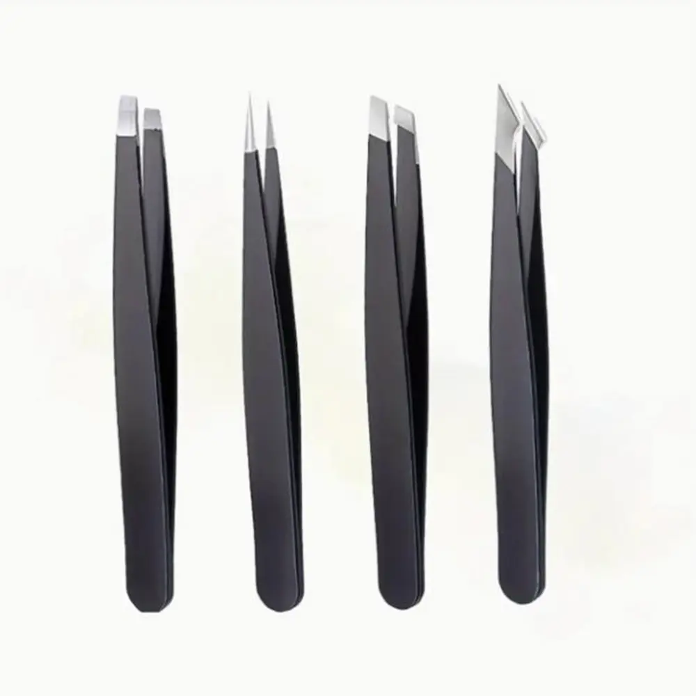 Eyebrow Styling Kit Multi-pack with 4 Tweezers, Professional Stainless Steel Tools for Precision Grooming and Facial Hair Removal for Women - Black, Durable, 4 Different Tweezer Tips, Fine Grooming, 4-Pieces