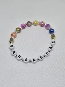 Saranghae I Love You Handmade Korean K-pop K-Drama Fan Beaded Friendship Bracelet Large 8.5" Elastic Band with Glass Clay & Plastic Beads for K-pop Fans