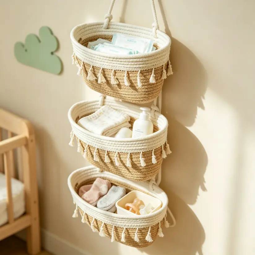 Large-Sized 3-Tier Woven Cotton Over-the-Door Hanging Wall Basket - Jute Home Organizer for Dorm Room Storage, Decorative Accessories, Natural Warm Charm Solution