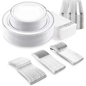 350-  Rim Plastic Dinnerware Set for 50 Guests, Elegant Disposable Dinnerware for Party, Wedding, Includes Dinner Plates, Dessert Plates, Silverware, Napkins, Cups