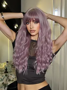 26 Inch Purple Long Curly Wigs for Women, Gorgeous Fluffy Wigs with Blunt Bangs, Beginner Friendly Wig, Synthetic Full Machine Wigs for Party, Daily Use