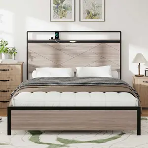 【Ember Industrial】Fansace Wooden Platform queen Bed Frame with Storage LED Light Headboard and 2 USB, Large Underbed Storage,Easy Assemnly  Rustic twin