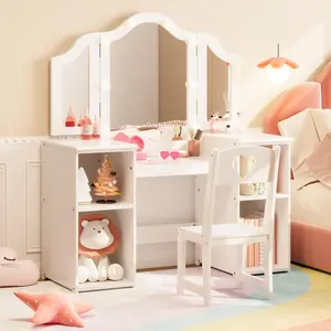 GAOMON Kids Vanity Table, Girls 2 in 1 Princess Makeup Desk with Touch Light Detachable Tri-Folding Mirror, Open Storage Shelves, Wood Makeup Playset with Chair, Princess Vanity Table for Little Girls,White