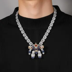 Iced Out Mecha Robot Pendant Necklace for Men Women, Micro Paved Zircon Copper Hip Hop Jewelry, Bling Cyberpunk Statement Charm, Heavyweight Streetwear Accessory Gift
