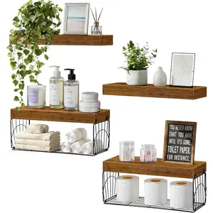 4 Pack Wall Mounted Rustic Wood Floating Shelves with 2 iron Hanging Baskets, Bathroom Shelves Over Toilet, Toilet Paper Storage, Farmhouse Decor Hanging Shelf for Living Room, Kitchen, 16 inch, Brown