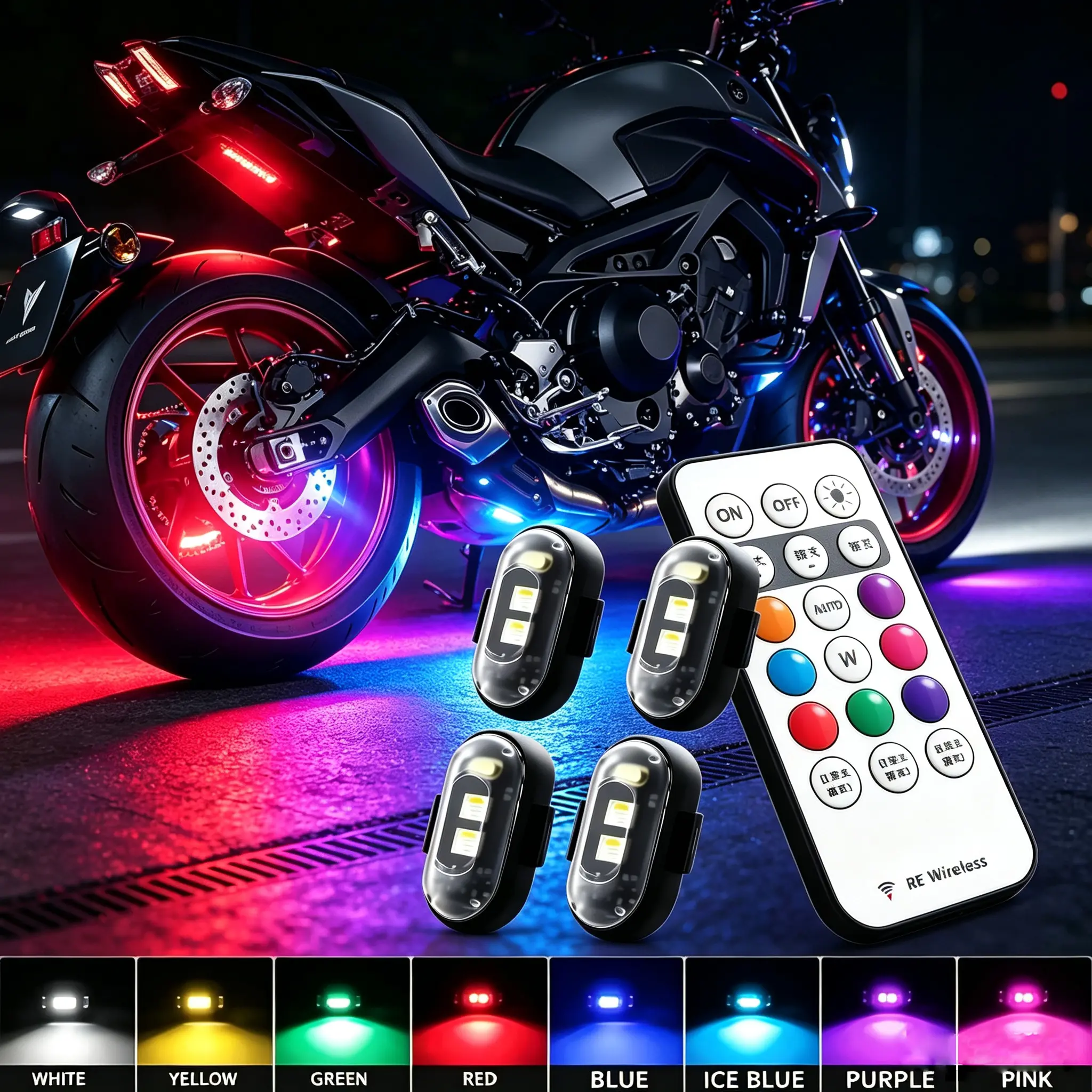 Motorcycle Led Aircraft Strobe Lights LED Flash Position Wireless Remote Control Car Footwell Light USB Rechargeable RGB LED Light Waterproof Car Interior Decoration Light