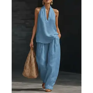 Boho Linen 2 Piece Set Casual Halter Neck Sleeveless Top & Wide Leg Pants for Beach Vacation Brunch Daily Commute Womenswear Clothes Suits Gamis Trouser