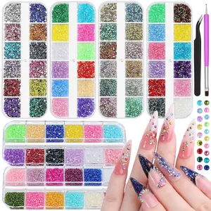 6 Boxes 2mm Nail Art Rhinestones for Bedazzling Kit, Mixed-Color Small Jelly Clear AB Rhinestones Decoration Flatback Pearls Nail Accessories with Tweezers and Brush for Nails DIY Tumblers Face Makeup