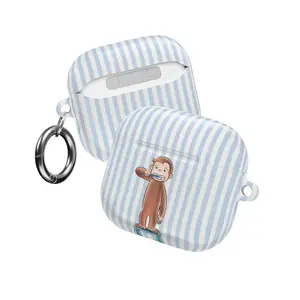 Curious George AirPods Case – Nostalgia Kidcore Aesthetic Light Blue Stripe Cover, Cute Monkey Brushing Teeth Cartoon Character Design, Vintage Book Lovers Gift Idea – Case for AirPods Pro/Pro 2, AirPods 1/2/3/4
