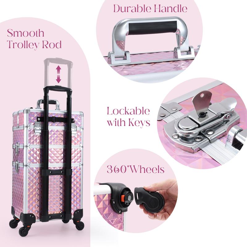 3 in 1 Rolling Makeup Train Case Large Cosmetic Trolley Salon Barber Case for Make Up Hairstylists Nail Tech Aluminum Makeup Trolley Case