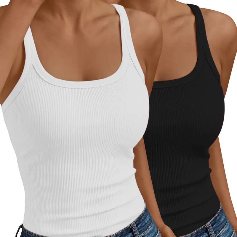Women's Ribbed Scoop Neck Tank Top, 2 Pack Wide Strap Solid Multi-Color Basic Top, Y2K All-Season Daily Top