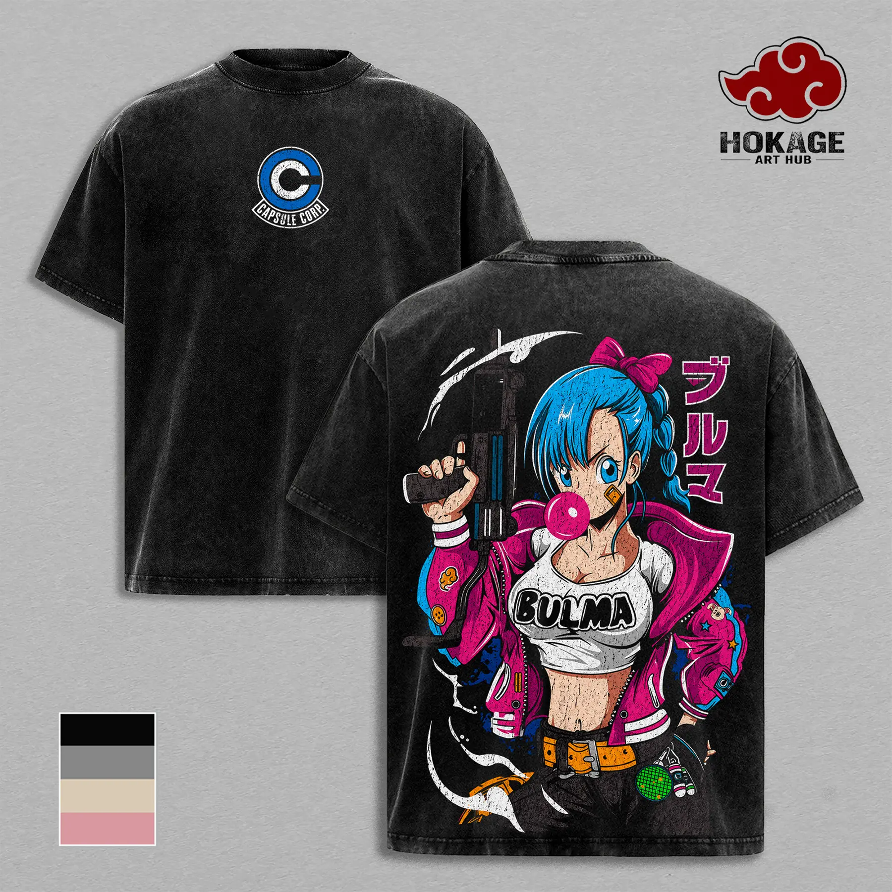 Bulma - DBZ Capsule Corp Waifu Double Printed Graphic Tee, Faded Acid Wash Streetwear For Men, Heavy Cotton Unisex Shirt, Gift For Anime Lovers And DBZ Fans Fabric Menswear