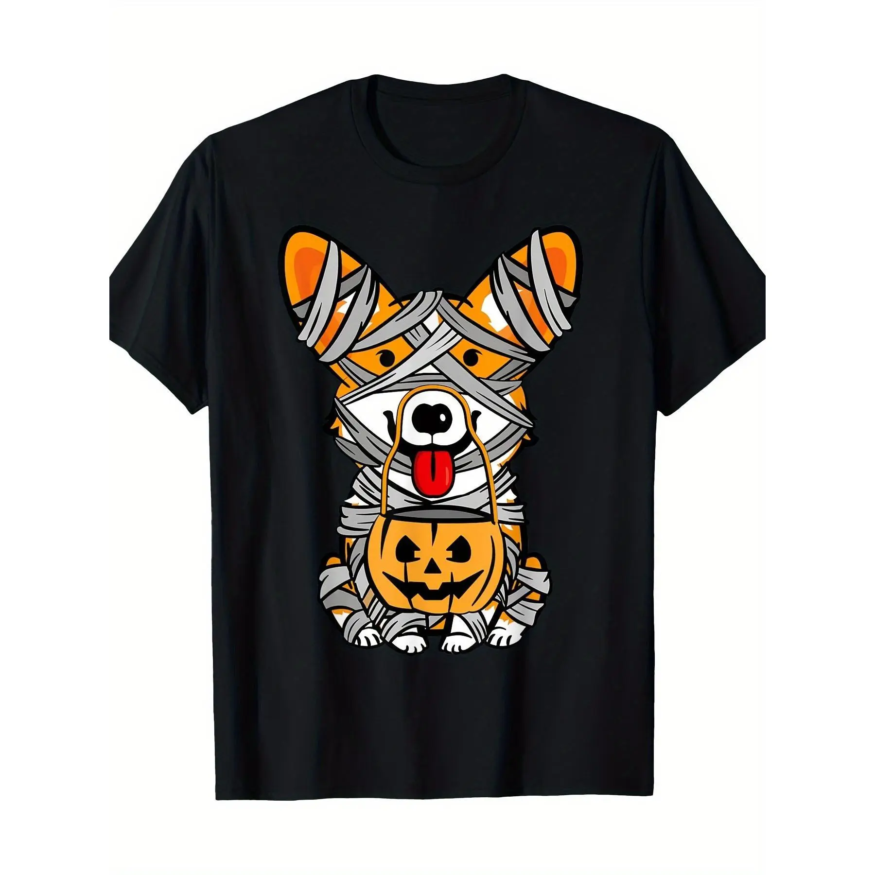 100% Cotton Men'S Halloween Corgi Mummy Graphic T-Shirt - Soft Cotton, Black With Orange & White Design, Short Sleeve, Round Neck, Machine Washable, Casual Fit For Dog Lovers Golf Gift T-Shirt For Men And Women