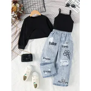 3pcs/Set Young Girl' Fashion Long Sleeve Pullover, Camisole, And Denim Like Print Pants Set, Autumn/Spring