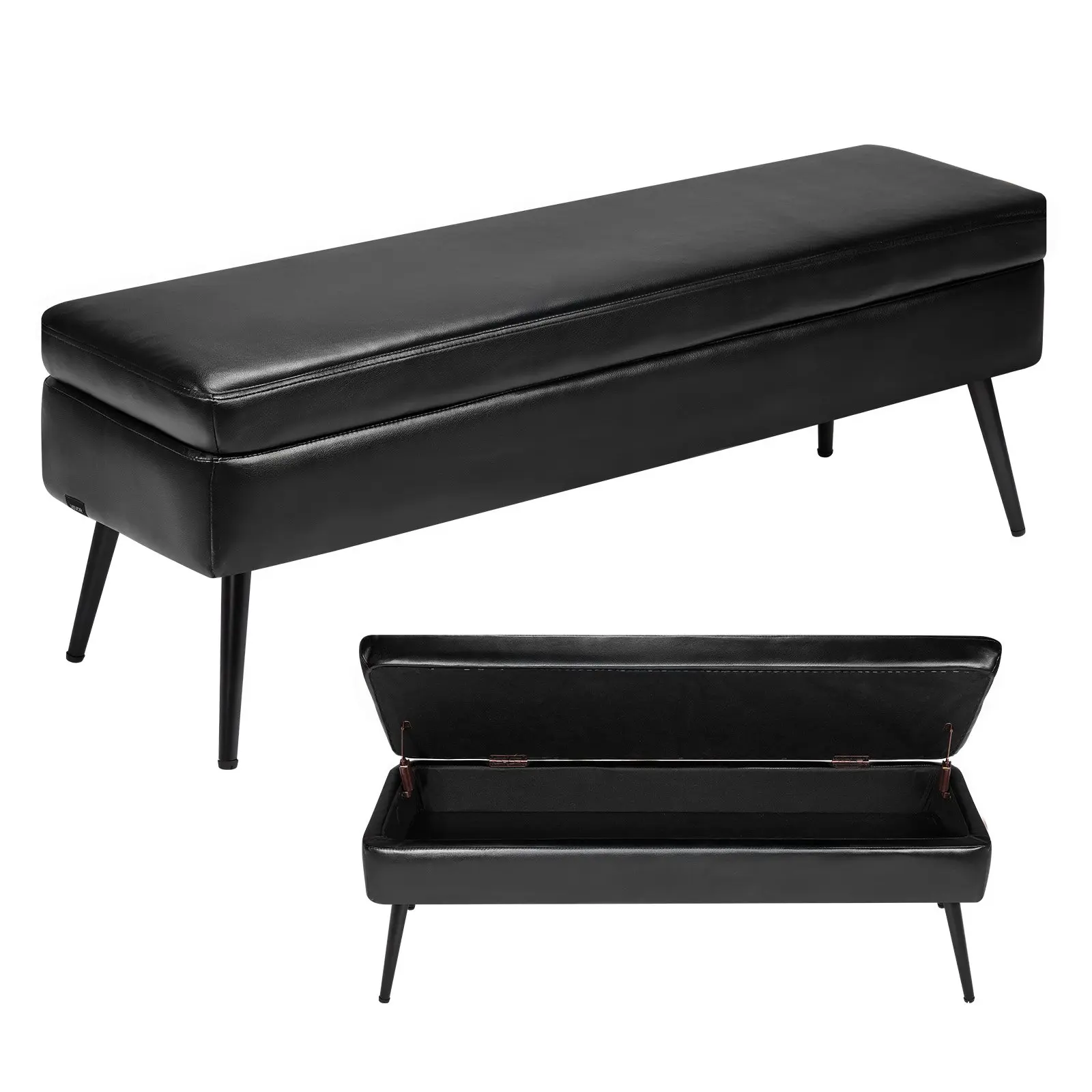 【Summerfinds】VEVOR Modern Rectangle PU Leather Storage Ottoman Bench with Metal Legs (Black, 15.7x47.2x17.7in, 47.2" width, seat base thickness:5.5in, CWD0115CA), Upholstered Entryway Shoe Seat for Living Room, End of Bed Bench