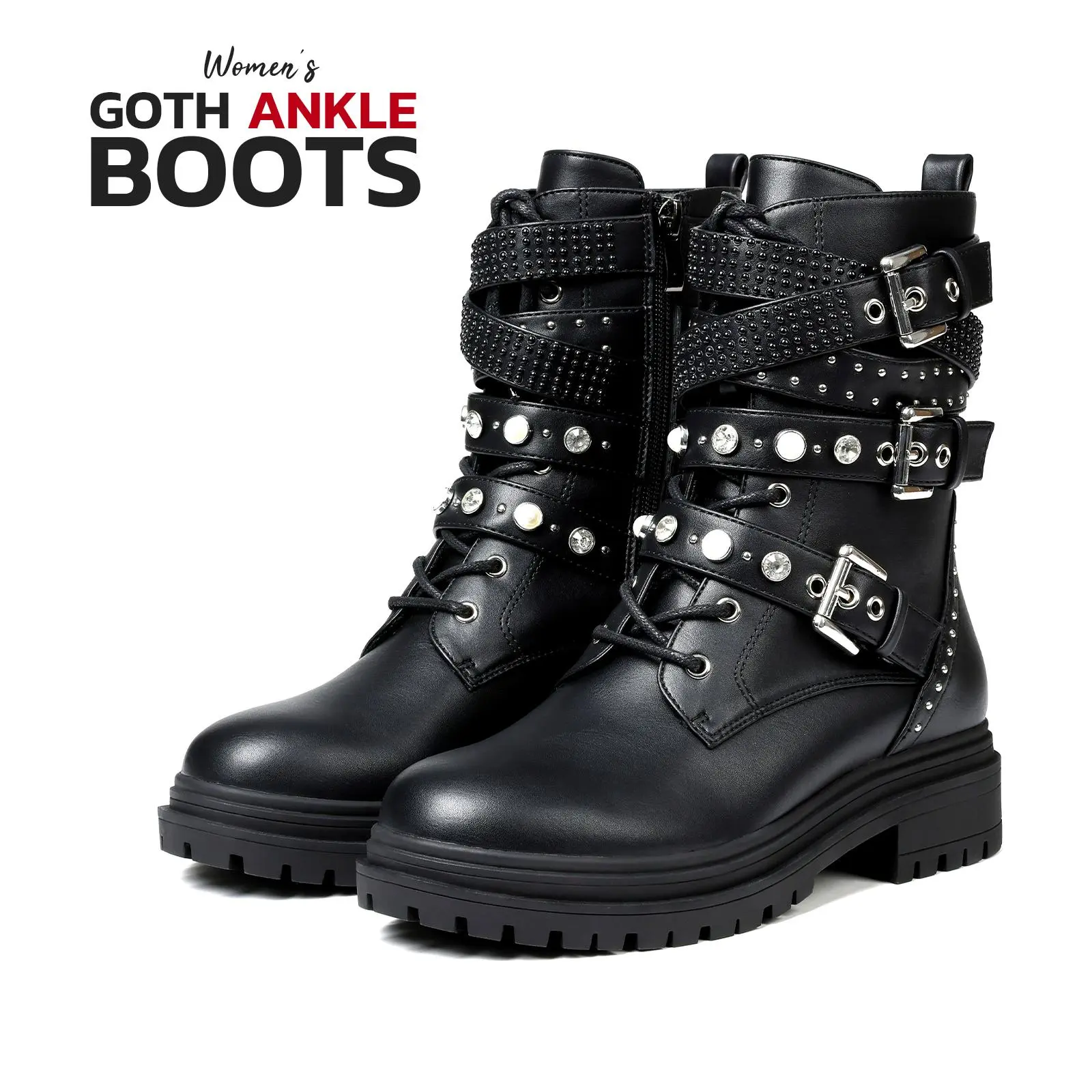 Women Ankle Boots Combat Goth Chunky Block Heel Round Toe Lace Up Side Zipper Buckles Studs Trendy Comfortable Stylish Biker Riding Motorcycle Party Concert Outing Casual Modern Fashion Booties