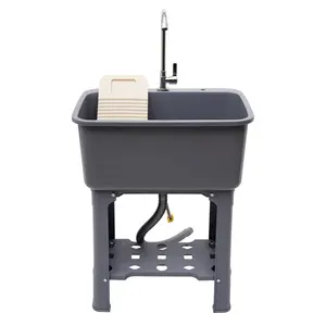 Freestanding Utility Sink with 360°Angle Faucet, Heavy Duty Plastic Laundry Sink with Washboard(Grey)