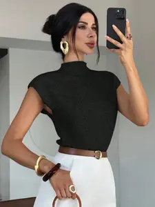 Elegant Women's Medium Neck Loose Knit Vest, Plain Sleeveless Top, Casual All Seasons Wear, Versatile Layering Piece, Daily Commute, Womenswear