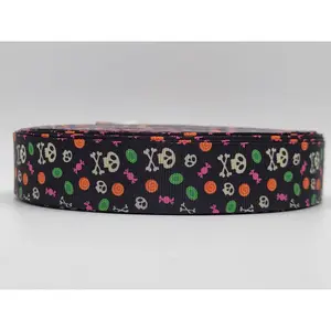 Halloween - Skulls & Candy - Black Grosgrain Ribbon 1" Width - By the yard