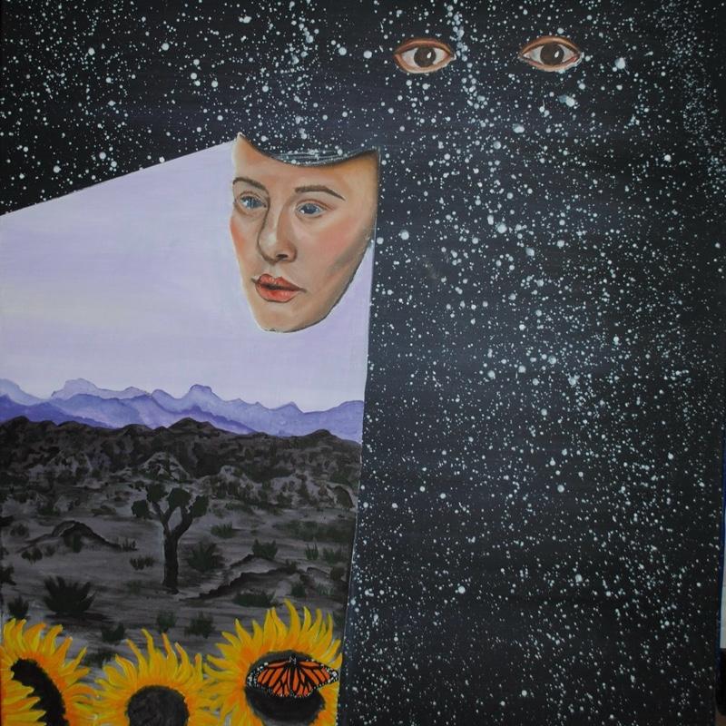 “Awareness” 30x24 Mixed Media Original Painting. Self portrait of artist. Her face is a mask, her identity a choice. She is the universe living a human experience. Creating her world, and her own perspectives as how she chooses to see her life as Selina.