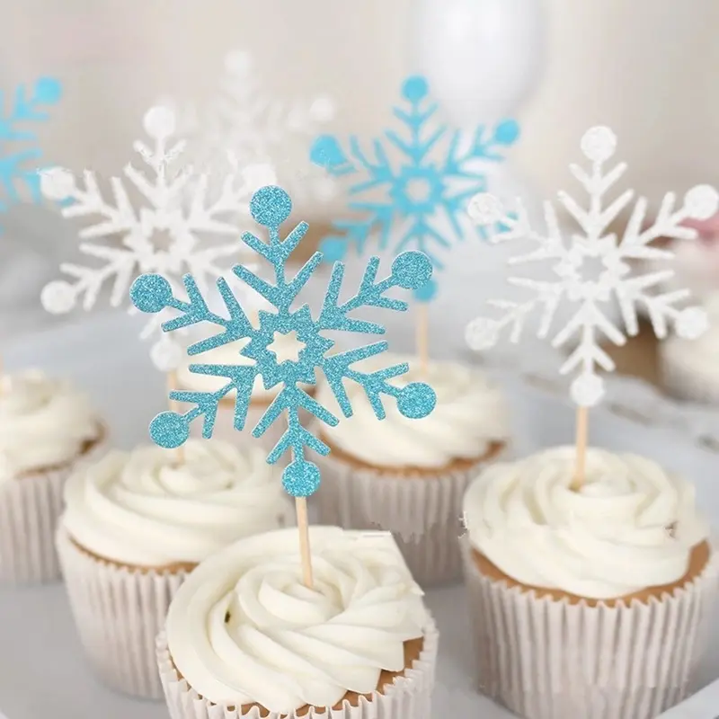 20pcs Plastic Shiny Colors Gold Standard Decorative Ice Snowflake Cake Toppers, Happy Birthday Supplies for Christmas Kids' Parties, Home Supplies Decoration