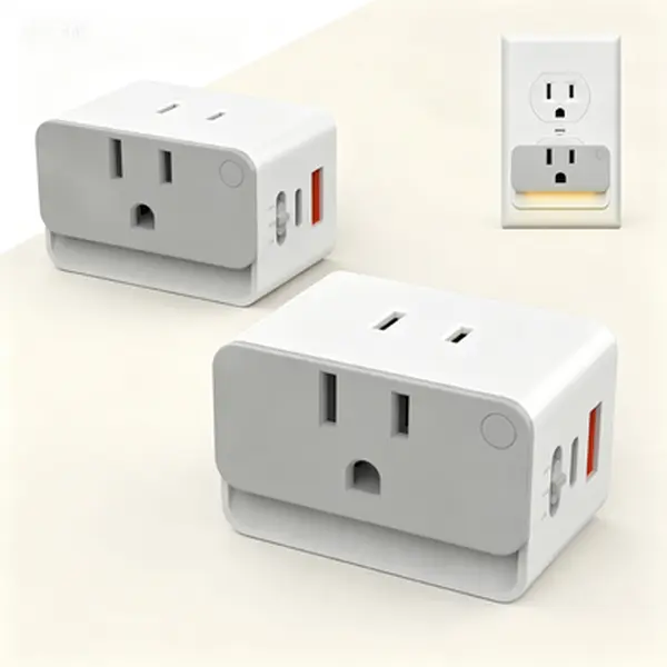 2-Pack Compact 3-Way Angled Wall Plug Adapter with Night Light - 2 AC Outlets, 1 PD 20W USB-C Charger, 1 USB-A Port, 1875W Load Socket Splitter Extender for Home, Dorm, Bathroom Wall Socket (With Ports Included)