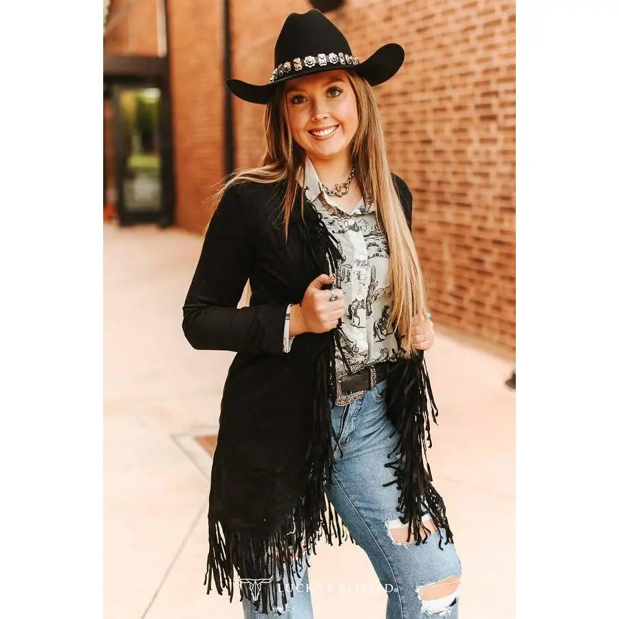 Women's Chic Casual Faux Suede Duster Cardigan, Fringed Hem Fashion Modest Outerwear Apparel